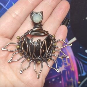 Black Onyx Wire Wrapped Pendant Lotus Flower Design
